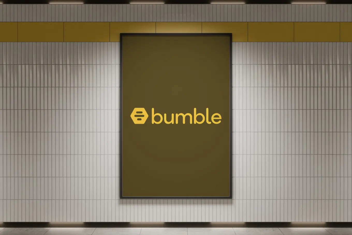 A Bumble advertisement is displayed on a tiled wall in a subway station, The ad features a dark yellow background with the Bumble logo