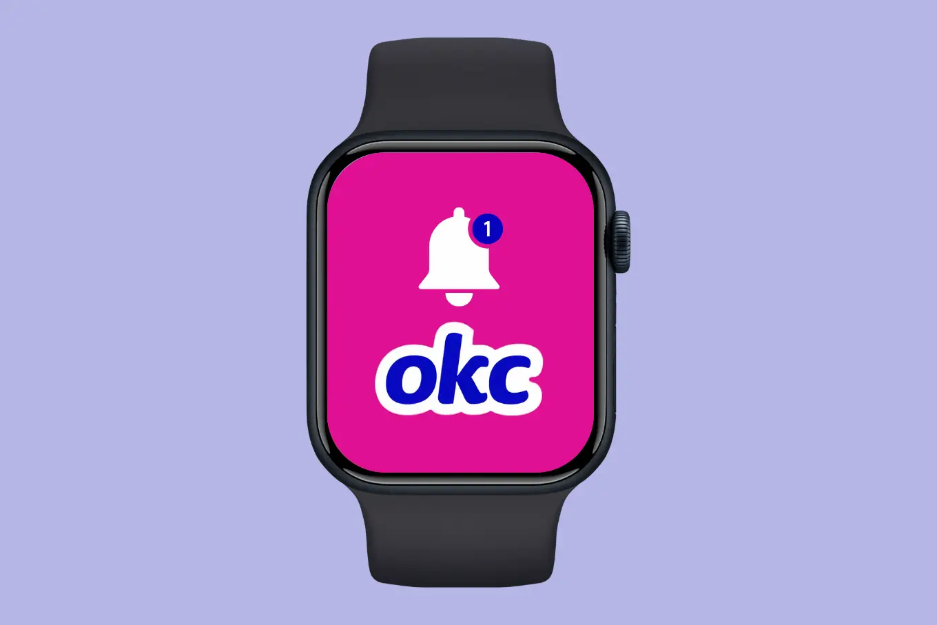 A smartwatch displays a notification icon with pink background and the word okc in white and blue lettering