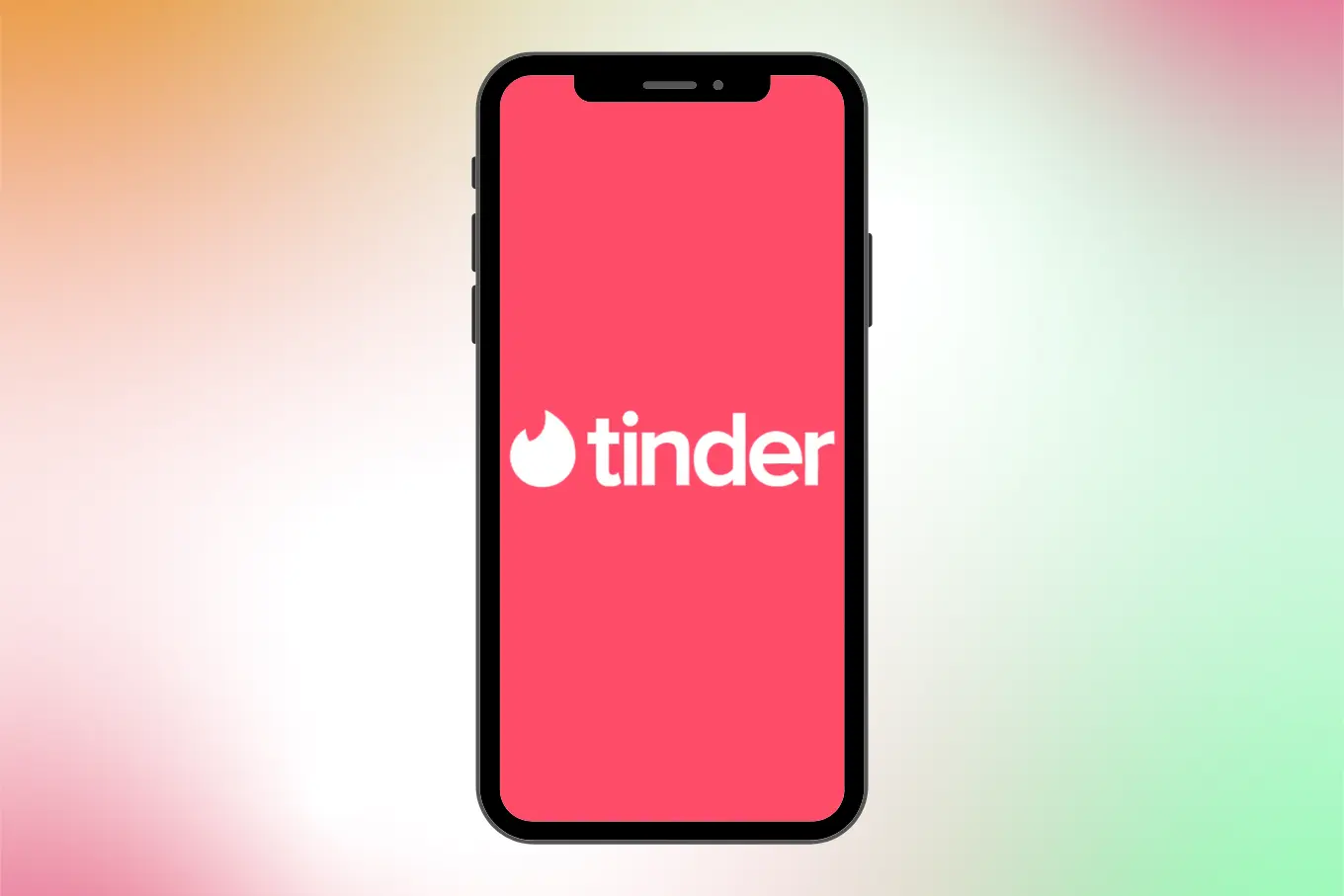 A smartphone displaying the Tinder logo on a pink background. The phone is centered against a softly blurred, multicolored background