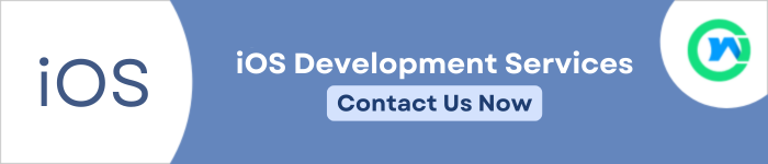 Left side "iOS" text displays, on center, Text displays "iOS Development Services" with a "Contact Us Now" button. WebsOptimization logo on the right