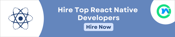 On the left, the React logo is visible. On center text "Hire Top React Native Developers" and a "Hire Now" button follows. To the right Webs Optimization logo