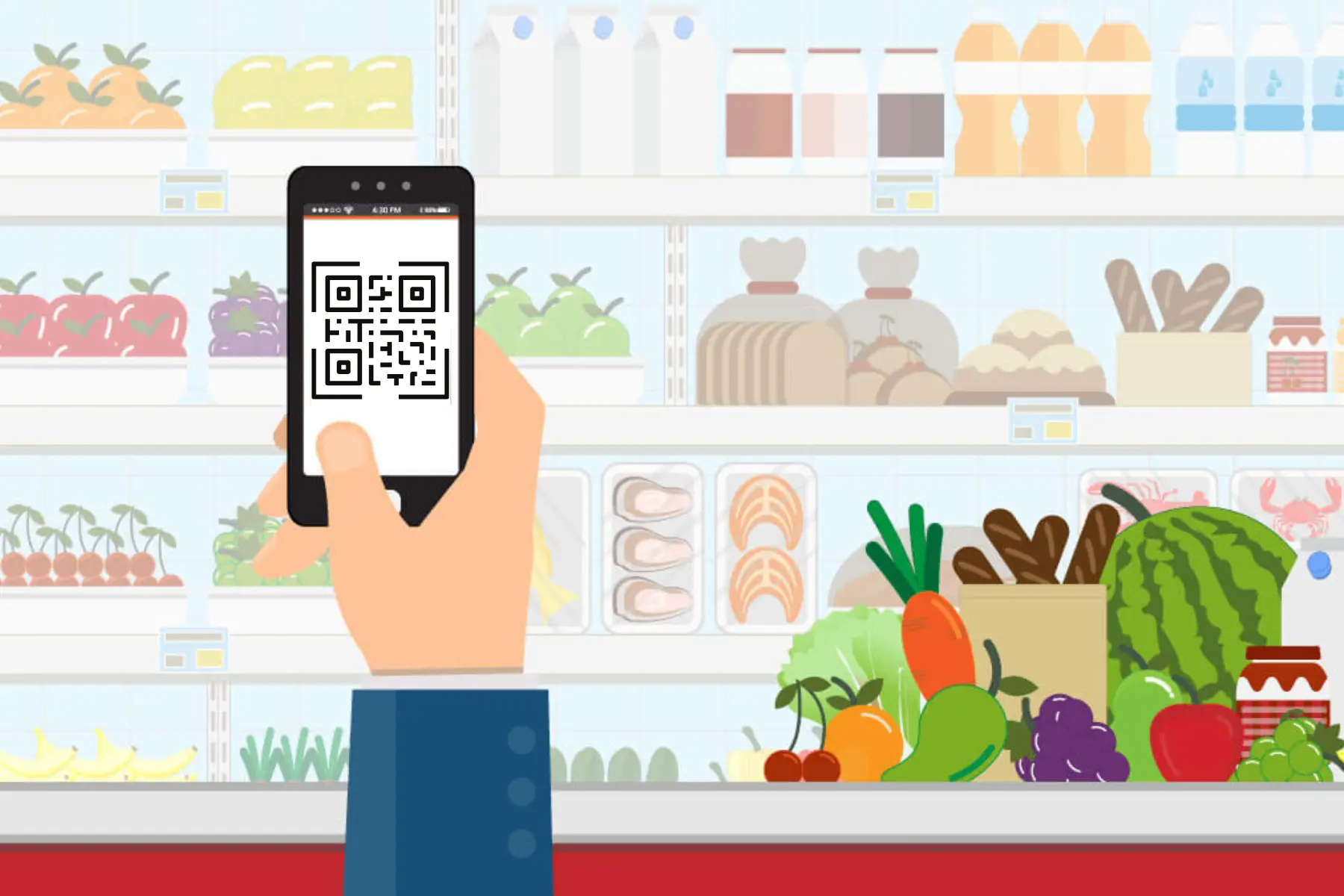 A hand with mobile in front of vegetable store, in mobile screen bar code displayed