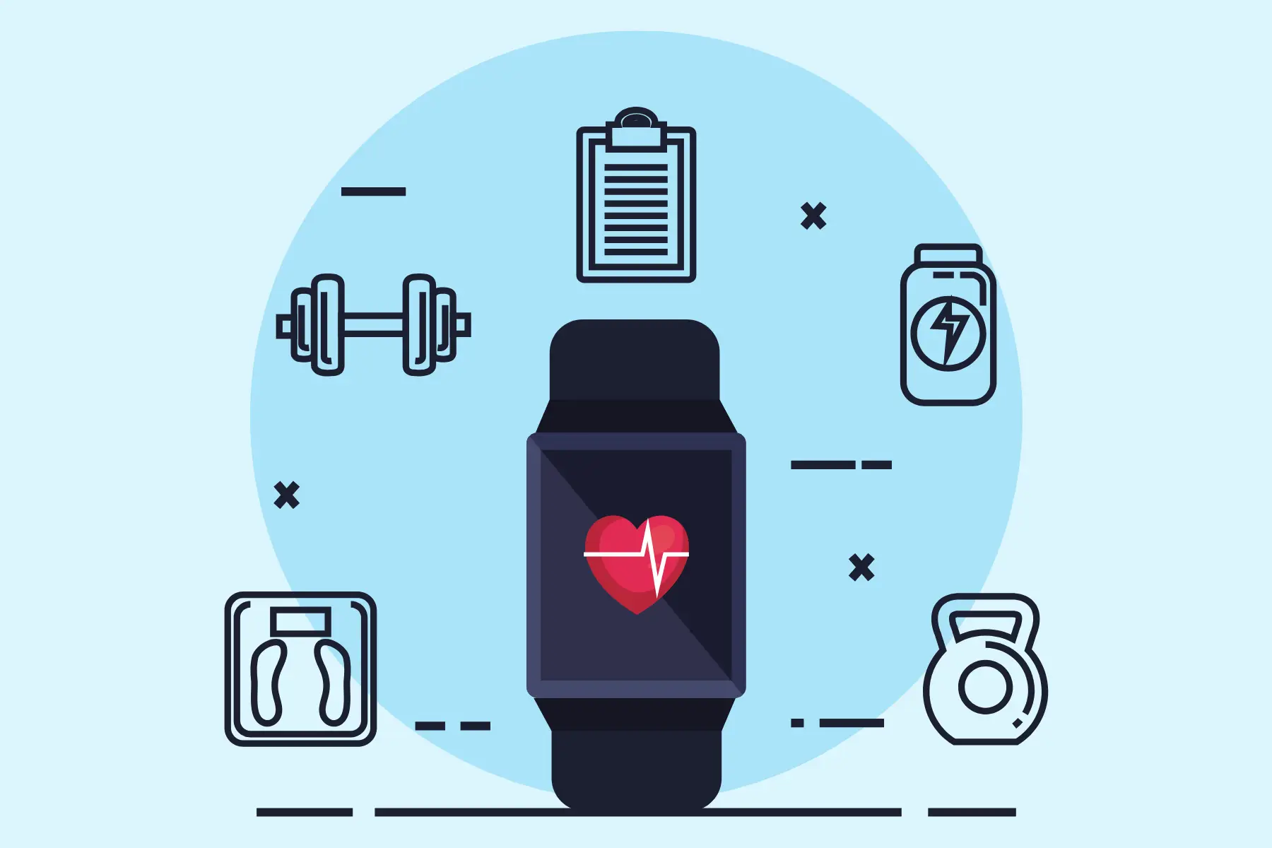 A smartwatch with heart beats in display, along with vectors of notepad, weighing machine, dumbbell, weight lifter and battery shown