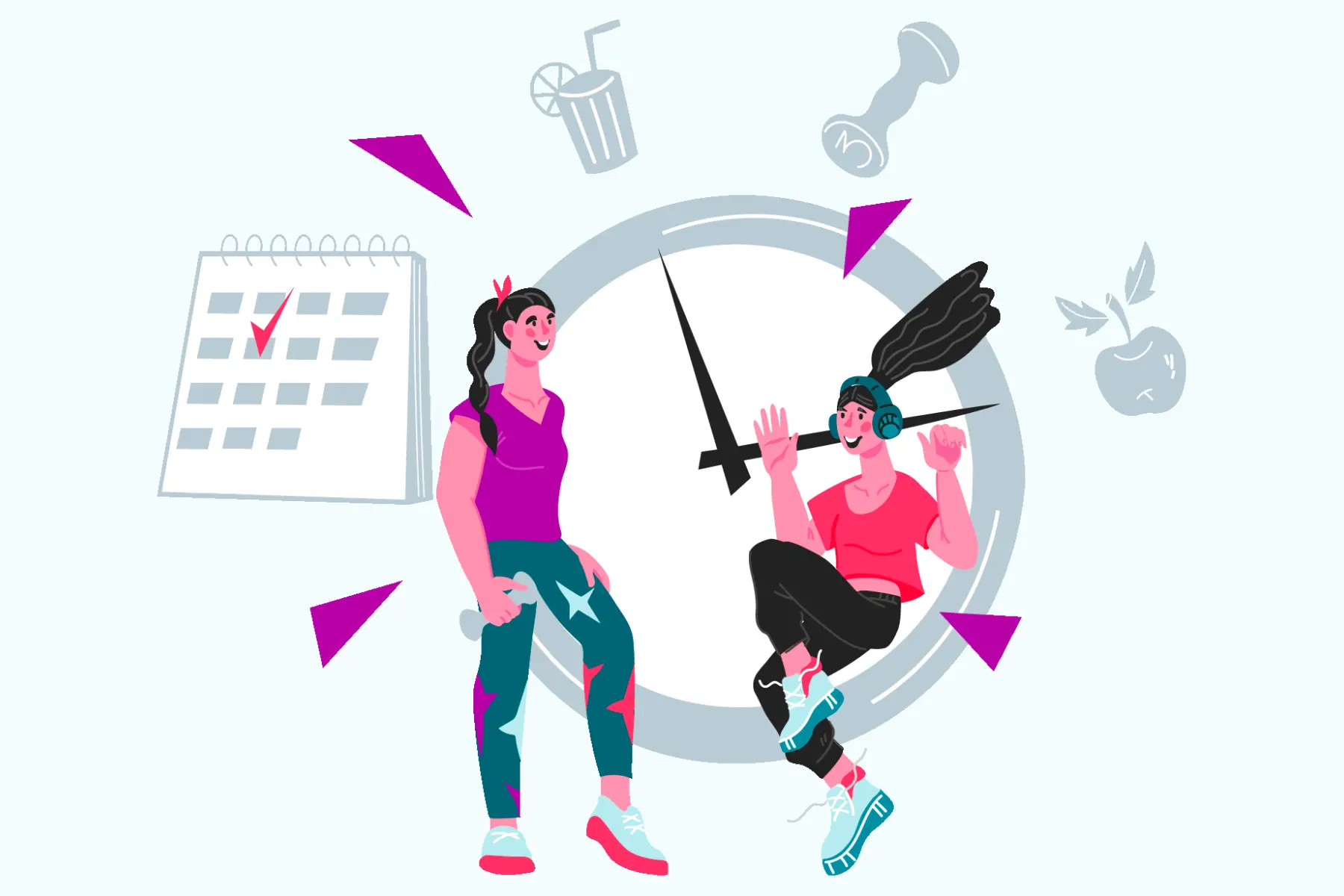 Two girls doing exercise in front of clock, on the left side calendar with tick mark mentioned