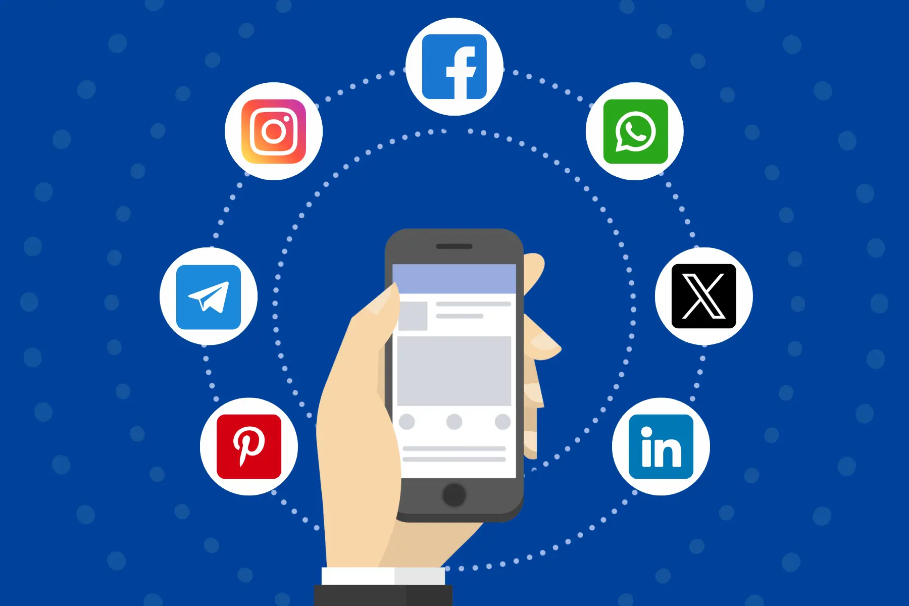 A hand with a mobile around logos of social media apps like whats app, telegram, Instagram, Facebook, LinkedIn, X, and Pinterest