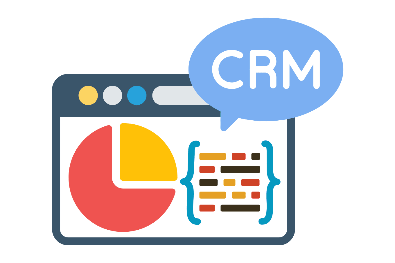 a web browser window displaying a pie chart and code snippet, with text CRM above