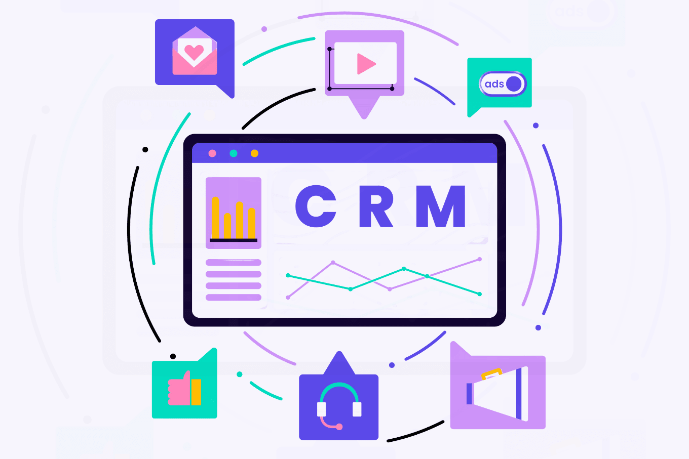 a digital CRM dashboard with graphs. Surrounding it are icons of a heart, a video, ads, a thumbs-up, a headset, and a megaphone