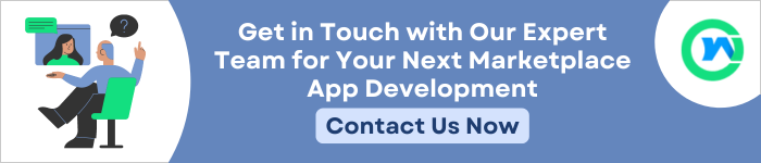 A man sitting on a chair and talking to another person on a screen, Text, "Get in Touch with Our Expert Team for Your Next Marketplace App Development." A "Contact Us Now" button is visible below