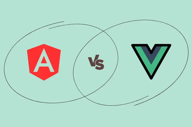 Angular logo on the left, and the Vue.js logo on the right with a "vs" in the center