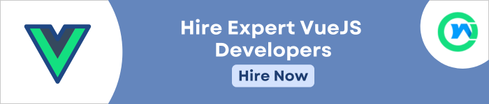 Text "Hire Expert VueJS Developers" and a "Hire Now" button visible in center. In Left side Vue.js logo, and the right side features a WebsOptimization logo