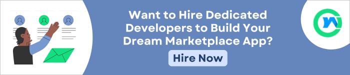 a banner with a man analyzing profiles, text features: "Want to Hire Dedicated Developers to Build Your Dream Marketplace App? Hire Now" and WebsOptimization logo visible on right side