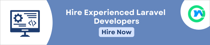 On the left, the desktop vector with code and special characters is visible. The centre text reads "Hire Experienced Laravel Developers". A "Hire Now" button follows. To the right Webs Optimization logo.