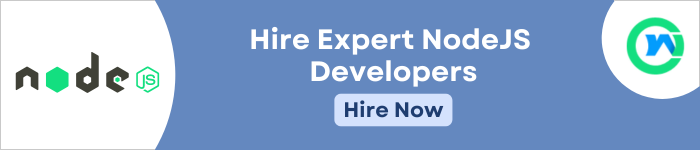 On the left, the Nodejs logo is visible. The centre text reads "Hire Expert Nodejs Developers". A "Hire Now" button follows. To the right Webs Optimization logo.