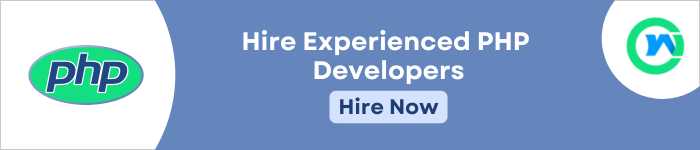 On the left, the PHP logo is visible, The centre text reads "Hire Experienced PHP Developers". A "Hire Now" button follows. To the right Webs Optimization logo.