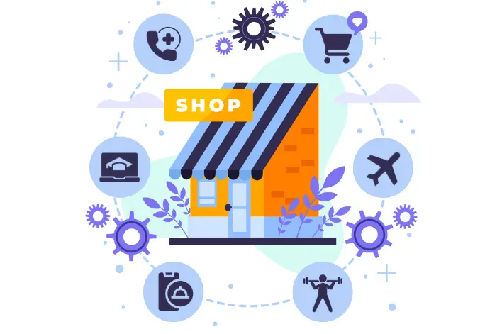 A shop with online marketplace vectors of fitness, food, education, travel, telehealth, shopping