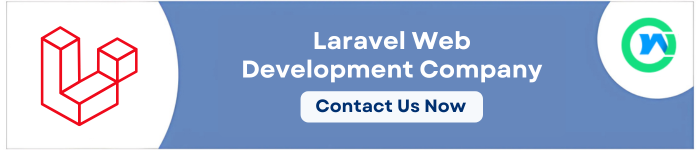 On the left, the Laravel logo is visible, On center text reads "Laravel Web Development Company", A "Contact Us Now" button follows, and To the right Webs Optimization logo