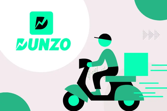 A person on a scooter with a delivery box, featuring the Dunzo logo. The design uses green and black against a light background