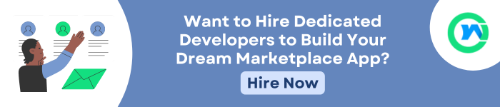A person with short hair and a black shirt gesturing towards a document with profile icons. The text reads, "Want to Hire Dedicated Developers to Build Your Dream Marketplace App?" and includes a "Hire Now" button