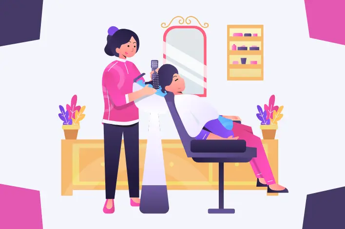 A hairstylist working on a female client's hair. Lady seated in a salon chair, with a mirror and shelves containing beauty products in the background. Plants adorn both sides of the scene