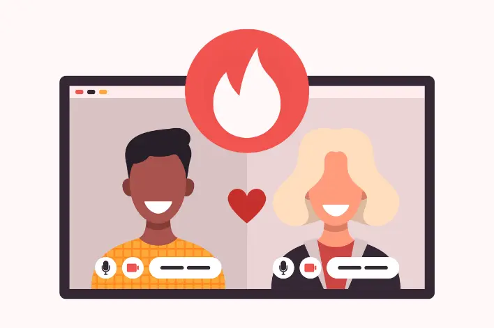 Two smiling man and woman in a video call on a dating app interface. The screen shows a heart icon between them and the Tinder app's logo