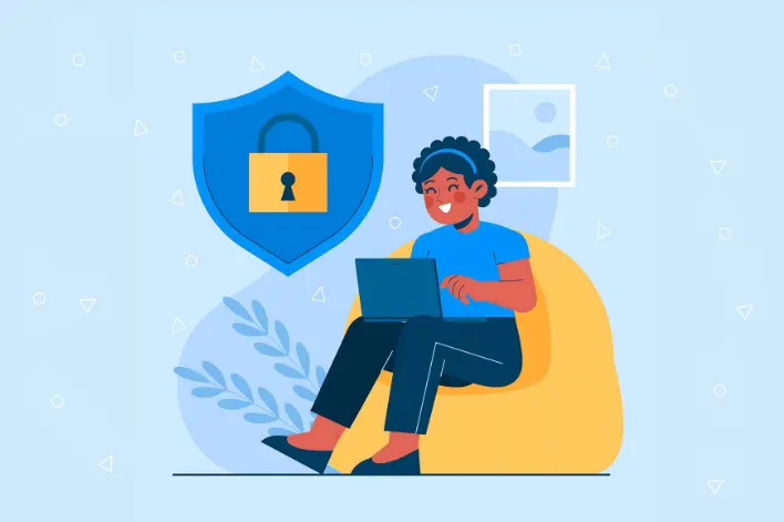 A girl sitting on a yellow beanbag using a laptop, A large shield icon with a padlock rendered on it appears to the left, symbolizing security