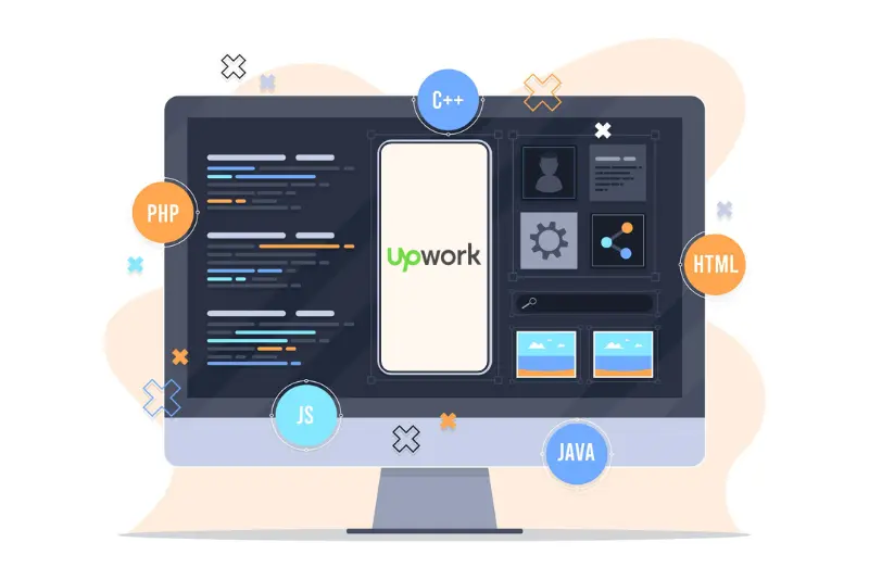 A computer screen displaying tech elements, with the Upwork logo in the center. Surrounding the screen are icons for programming languages including C++, PHP, HTML, JavaScript, and Java