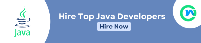 Java logo on the left, and WebsOptimization on the right, The Text "Hire Top Java Developers" and "Hire Now button below