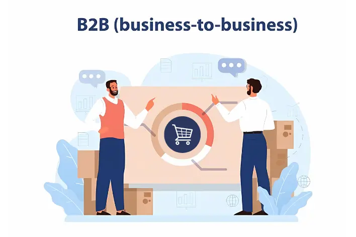 Two men discussing ecommerce trend, both stand in front of a large diagram featuring an online shopping cart icon, surrounded by boxes, The title "B2B (business-to-business)" at the top