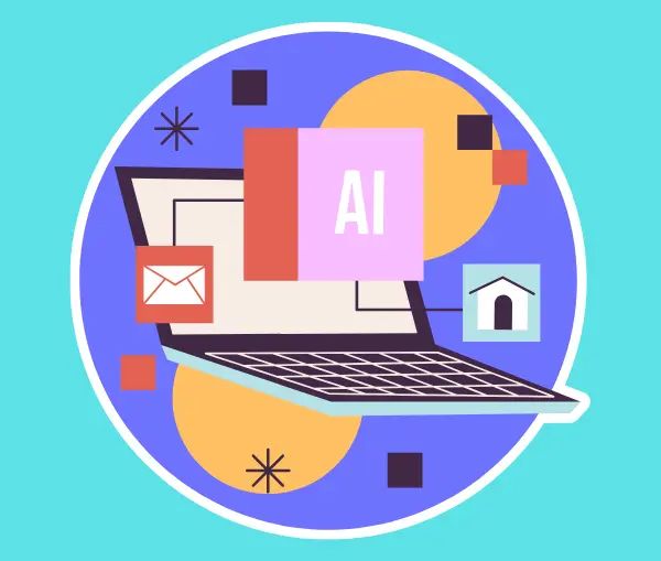 A laptop with "AI" on the screen, surrounded by icons of envelope and a house,the background features abstract shapes in blue, orange, and purple