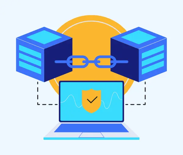 Two linked servers hovering above a laptop. The servers are connected by a chain, symbolising blockchain, The laptop screen displays a security icon