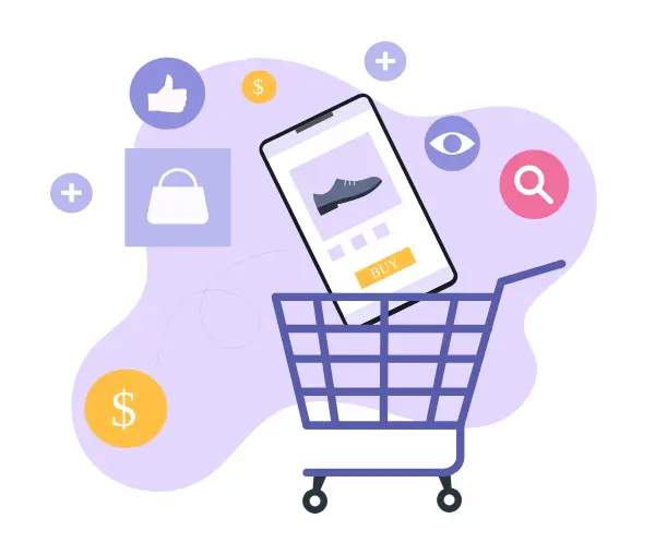 A smartphone showing a shoe for sale inside a shopping cart, Icons representing a thumbs up, a handbag, a dollar sign, an eye, and a magnifying glass