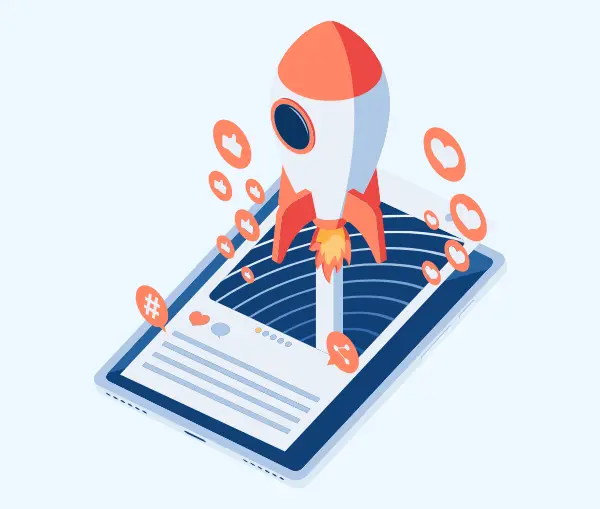 A rocket ship launching upward from a social media post, Icons like thumbs up, hearts, and hashtags