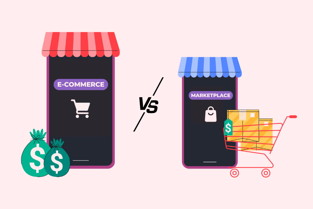 One red smartphone with E-commerce and a shopping cart icon, and one blue smartphone with Marketplace and a shopping bag icon. Money bags cart of boxes beside