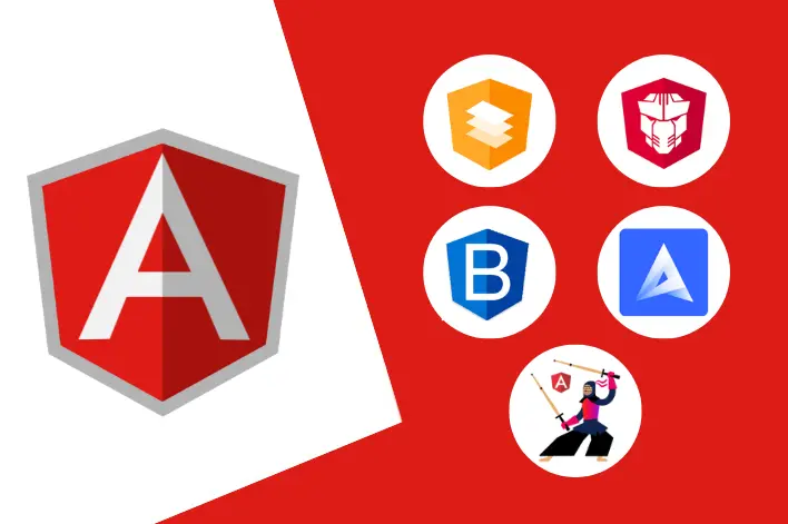 Angular logo on the left, Angular Material, NG Bootstrap, PrimeNG, Nebular, Kendo UI for angular logos on the right in a vertical arrangement