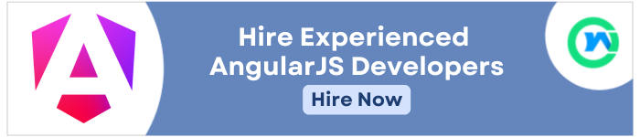 Angular logo is on the left, and WebsOptimization on the right. The text "Hire Experienced AngularJS Developers" visible with a "Hire Now" button below