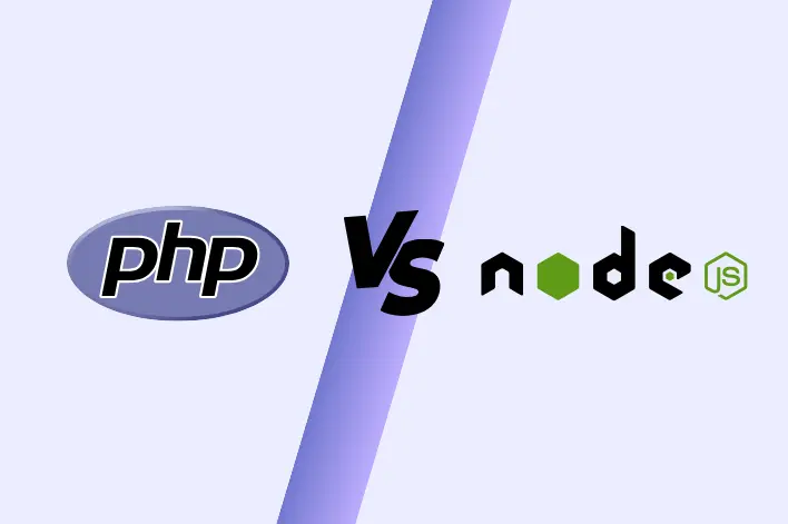 Comparison between PHP and Node.js. The background is light with a diagonal line separating the "php" logo on the left and the "Node.js" logo on the right. "Vs" is written in between both logos