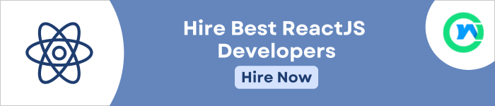 On the left, the React logo is visible. On center text "Hire Best ReactJS Developers" and a "Hire Now" button follows. To the right Webs Optimization logo